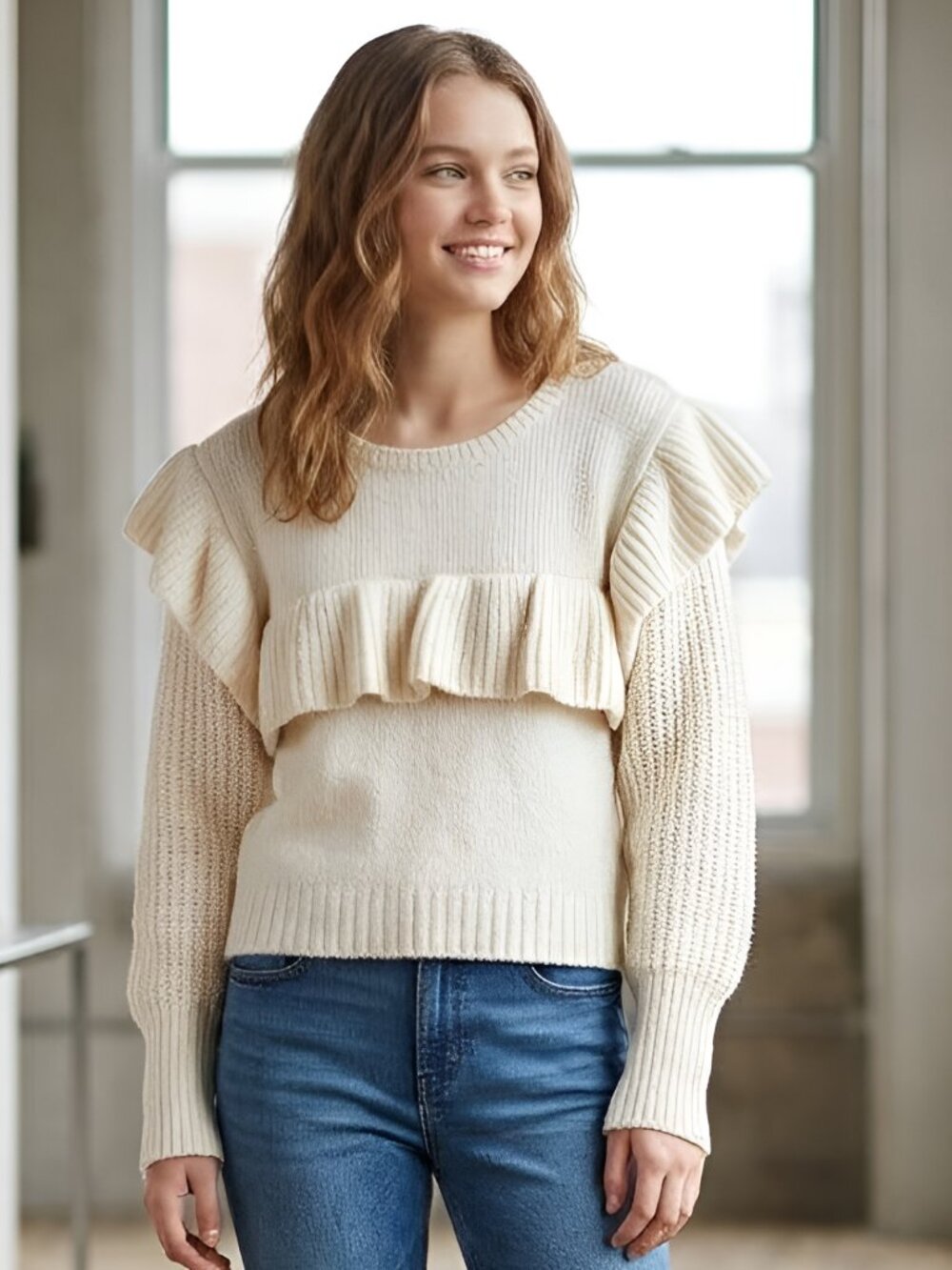 Wild Fable Cream Ruffle Sweater Large Short Pullover Cozy Soft